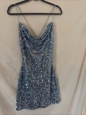 B Darlin Silver-Blue Sequin Cowl Neck Mini Dress